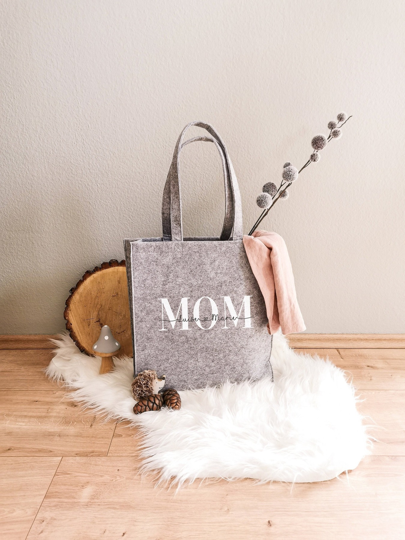 Filz Shopper, Spruch Mom+Namen, Geschenk, Bodentasche, individuell, Tasche, Muttertagsgeschenk