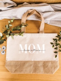 Jute Shopper, Spruch Mom + Kindernamen, personalisiert, Geschenk, Bodentasche, individuell, Tasche,