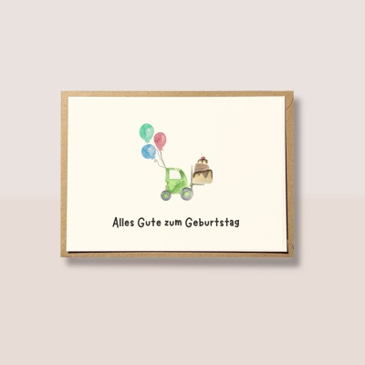 Geburtstagskarte mit Traktor und Luftballons - Glückwunschkarte für Kinder