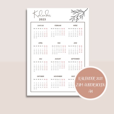 Kalender 2023 zum Ausdrucken - Kalender in der Jahresansicht Format A4 zum Ausdrucken