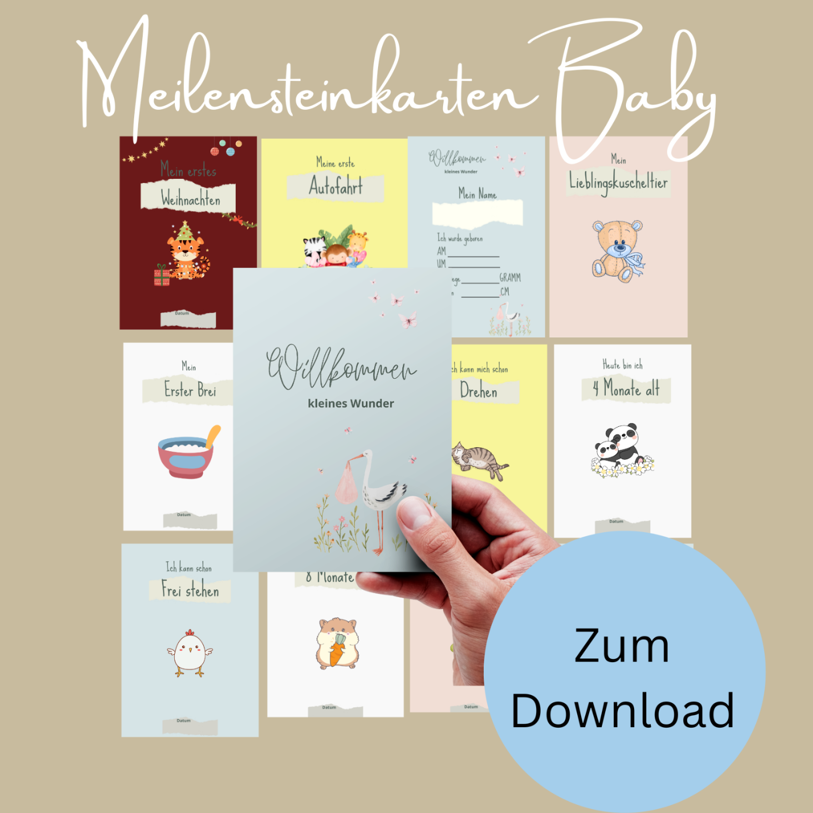 Meilensteinkarten für das erste Babyjahr - Digitale Datei zum Download, 36 Karten 7 blanko Karten