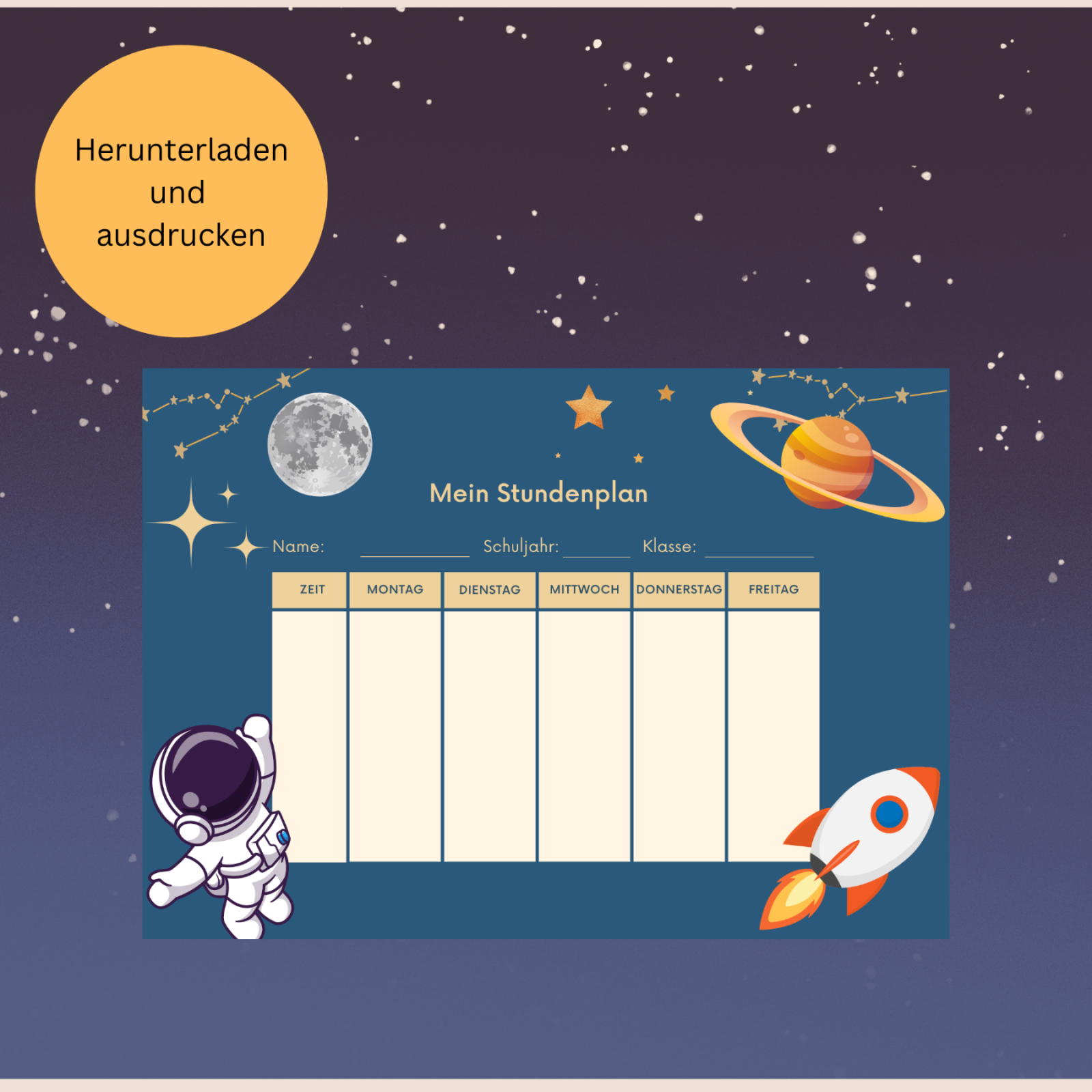 Stundenplan Weltraum Kinder zum Download - Geschenkidee Einschulung Geschenk Erstklässler
