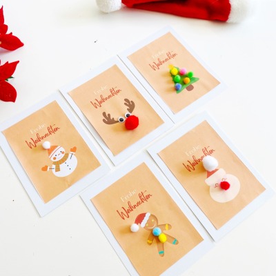 Lustige originelle Weihnachtskarten mit Pompons - Bastelidee für Kinder zu Weihnachten im Set 5