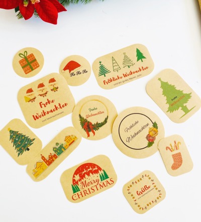Weihnachtssticker Frohe Weihnachten - Set mit 12 Auklebern für Geschenkverpackungen und Karten -