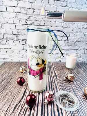 Kerze zum Advent mit lustigem Schneemann und Spruch - Große Kerze im Glas als Geschenk in der