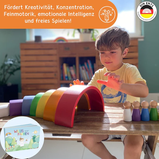 Willis Regenbogenwelt - Premium Regenbogen aus Buchenholz mit Holzfiguren und Kinderbuch 2
