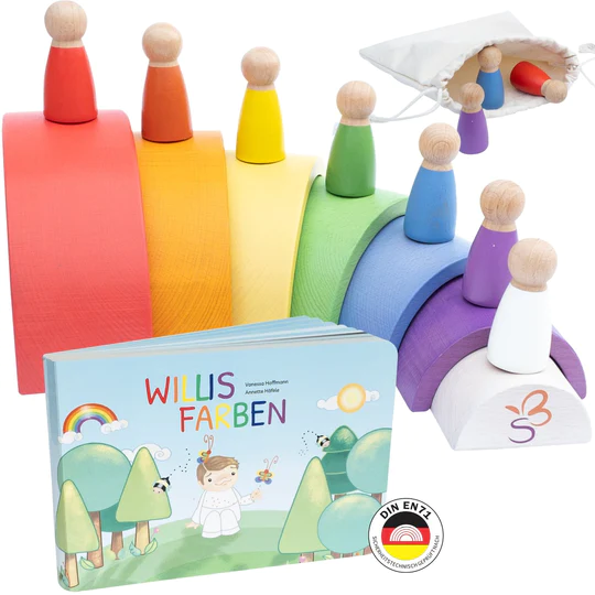 Willis Regenbogenwelt - Premium Regenbogen aus Buchenholz mit Holzfiguren und Kinderbuch 4