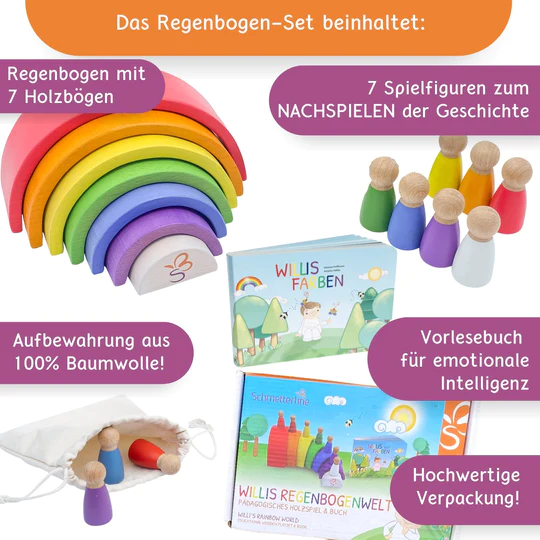 Willis Regenbogenwelt - Premium Regenbogen aus Buchenholz mit Holzfiguren und Kinderbuch 5