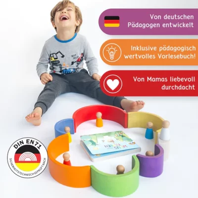 Willis Regenbogenwelt - Premium Regenbogen aus Buchenholz mit Holzfiguren und Kinderbuch