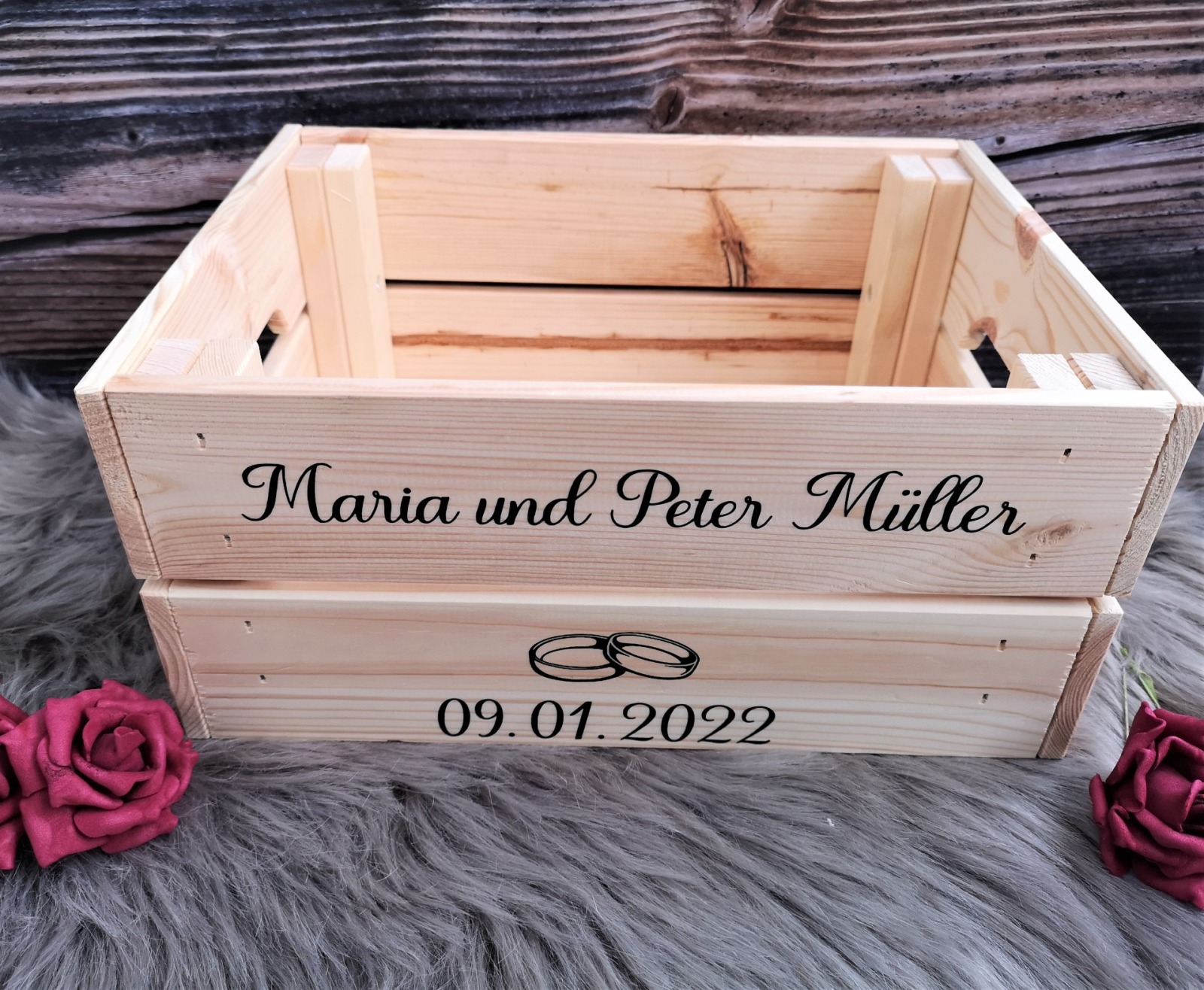 Weinkiste aus Holz zur Hochzeit Erinnerungskiste mit Namen, Ringen und Hochzeitsdatum 3