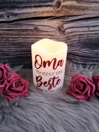 LED Stumpenkerze 10cm weiß Oma du bist die Beste personalisiertes Geschenk zum Muttertag / Omatag