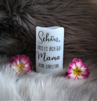 LED Stumpenkerze 13cm weiß Schön, dass es dich gibt Mama personalisiertes Geschenk zum Muttertag