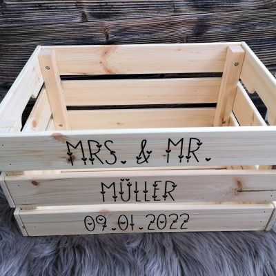 Weinkiste aus Holz zur Hochzeit Erinnerungskiste mit Namen, Mr. und Mrs. und Hochzeitsdatum