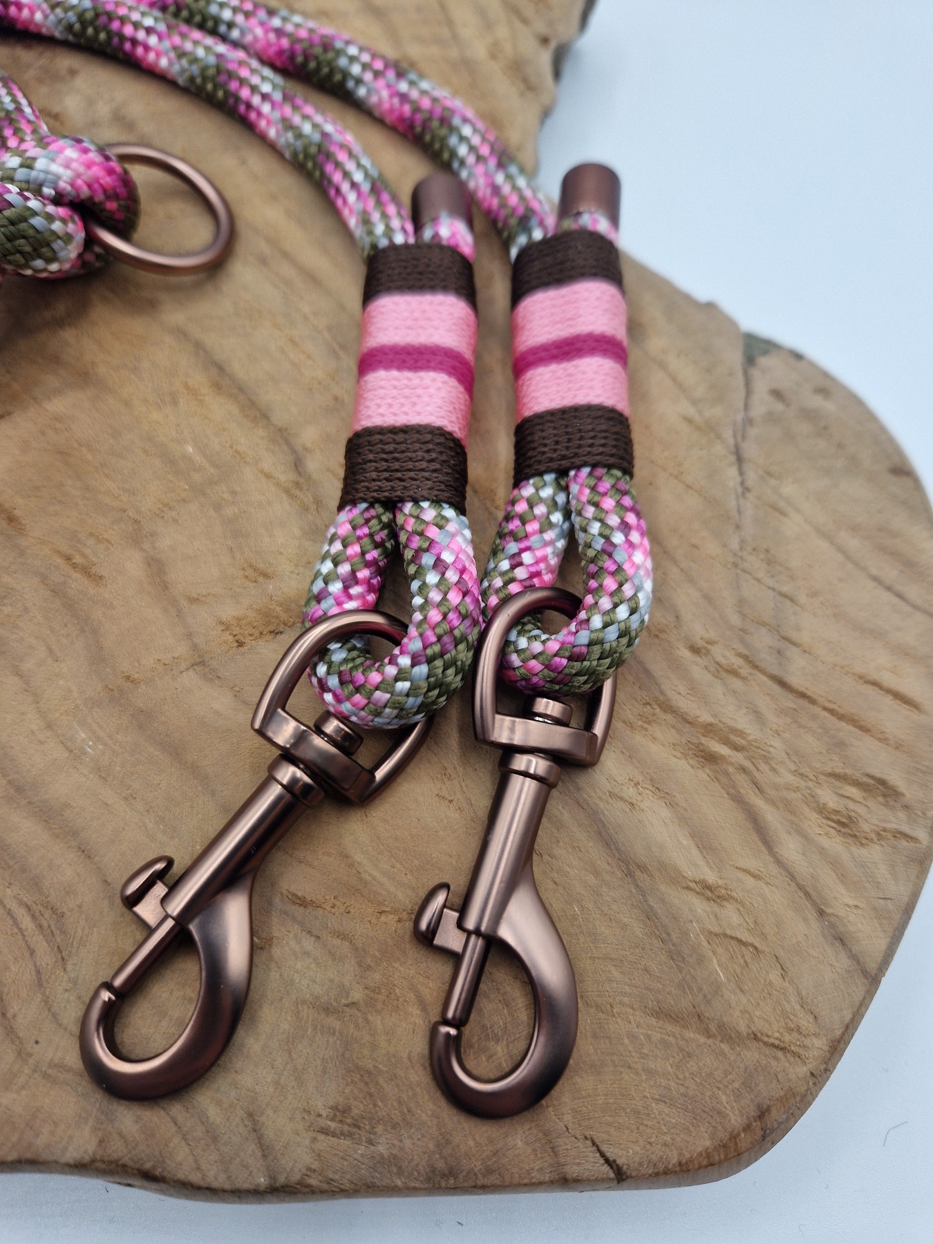für kleine Hunde: Halsband und Leine | oliv braun rosa | PPM Seil 2