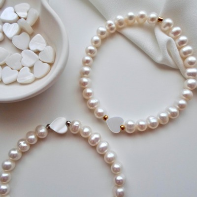 Oceanheart Perlenarmband | Süßwasserperlen Herz Armband - Perlenschmuck für Sie | Gold &amp; Silber