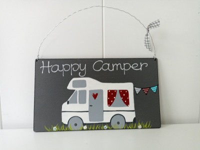 Camping Schild aus Holz - mit Wohnmobil Camper dunkelgrau