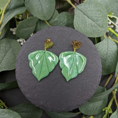 Polymer Clay Ohrringe - Blatt marokkanisch groß - gold - jade