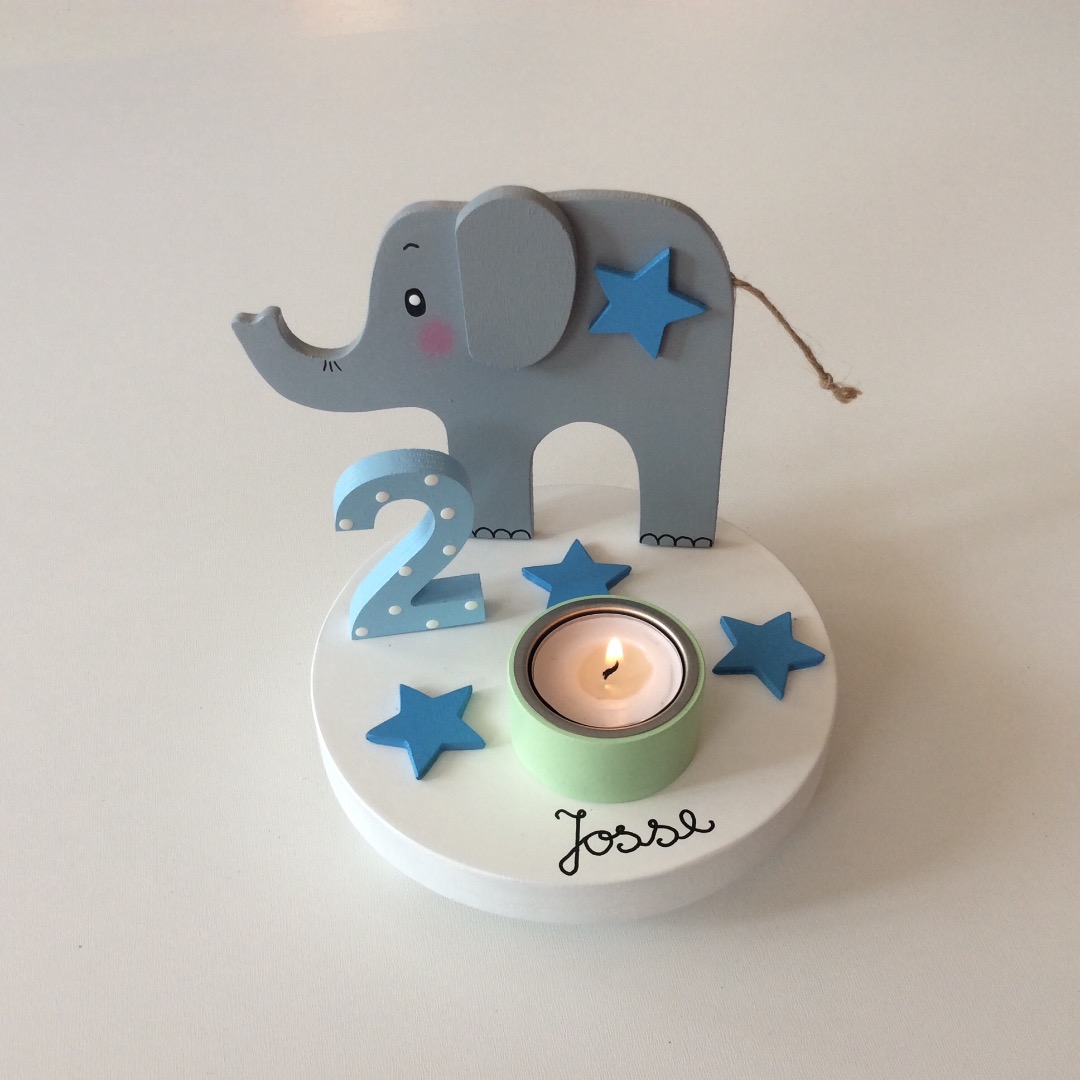 Geburtstags-Kerzenhalter mit Elefant und Geburtstagszahl 2