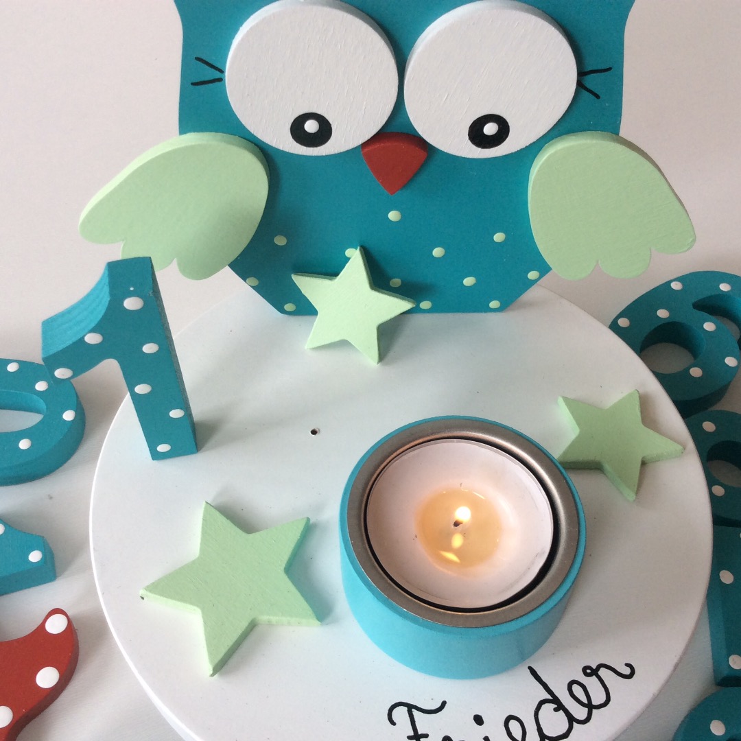 Geburtstags-Kerzenhalter mit Eule und Geburtstagszahl 2
