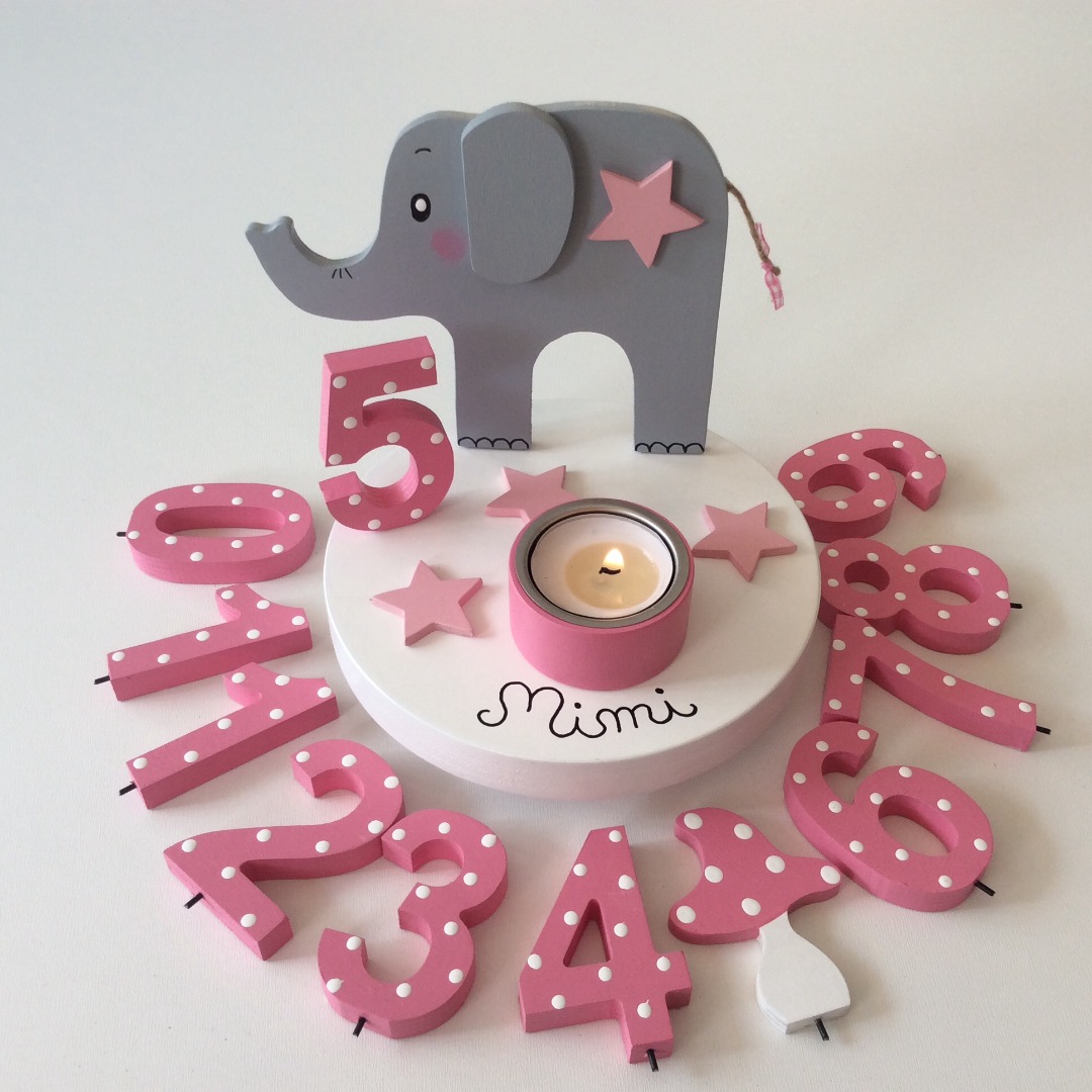 Geburtstags-Kerzenhalter mit Elefant und Geburtstagszahl 2