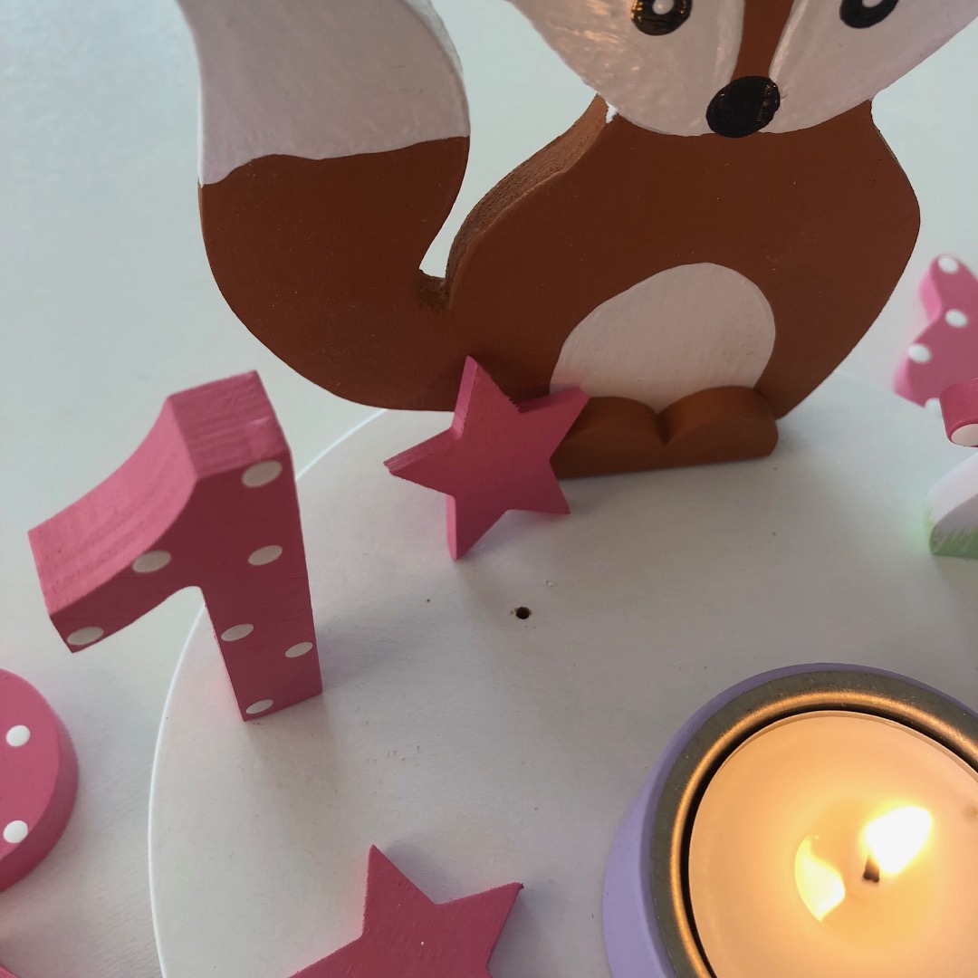 Geburtstags-Kerzenhalter mit Fuchs und Geburtstagszahl 2