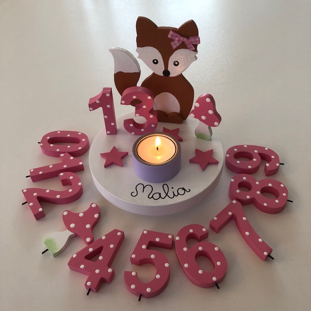 Geburtstags-Kerzenhalter mit Fuchs und Geburtstagszahl 3