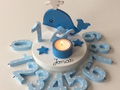 Geburtstags-Kerzenhalter mit Walfisch und Geburtstagszahl