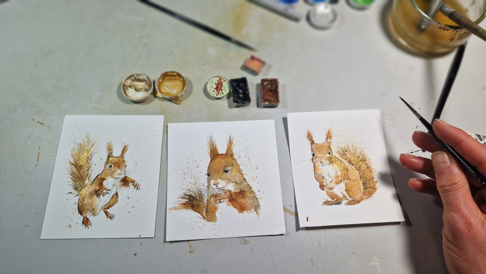 Eichhörnchen, Illustration handgemalt, gerahmt in Minirahmen, Rahmenfarbe wählbar schwarz oder