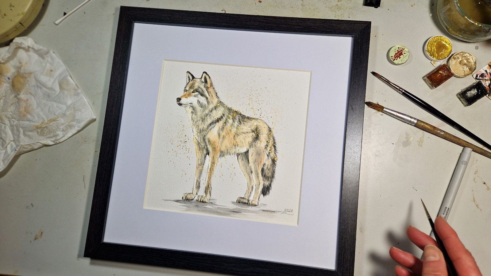 Wolf, Aquarell gerahmtes handgemalte Original, Tierbild, Einzelstück, Rahmenfarbe wählbar schwarz