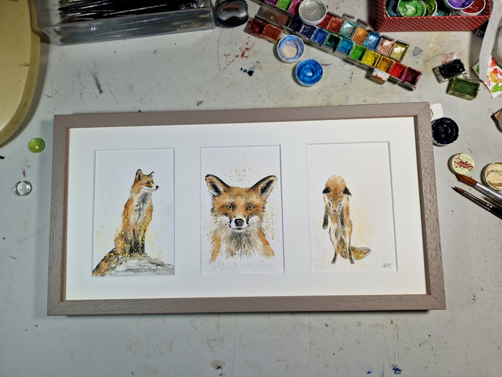 Fuchsstudien, Trio, 3 gemeinsam gerahmte Illustrationen handgemalt 8