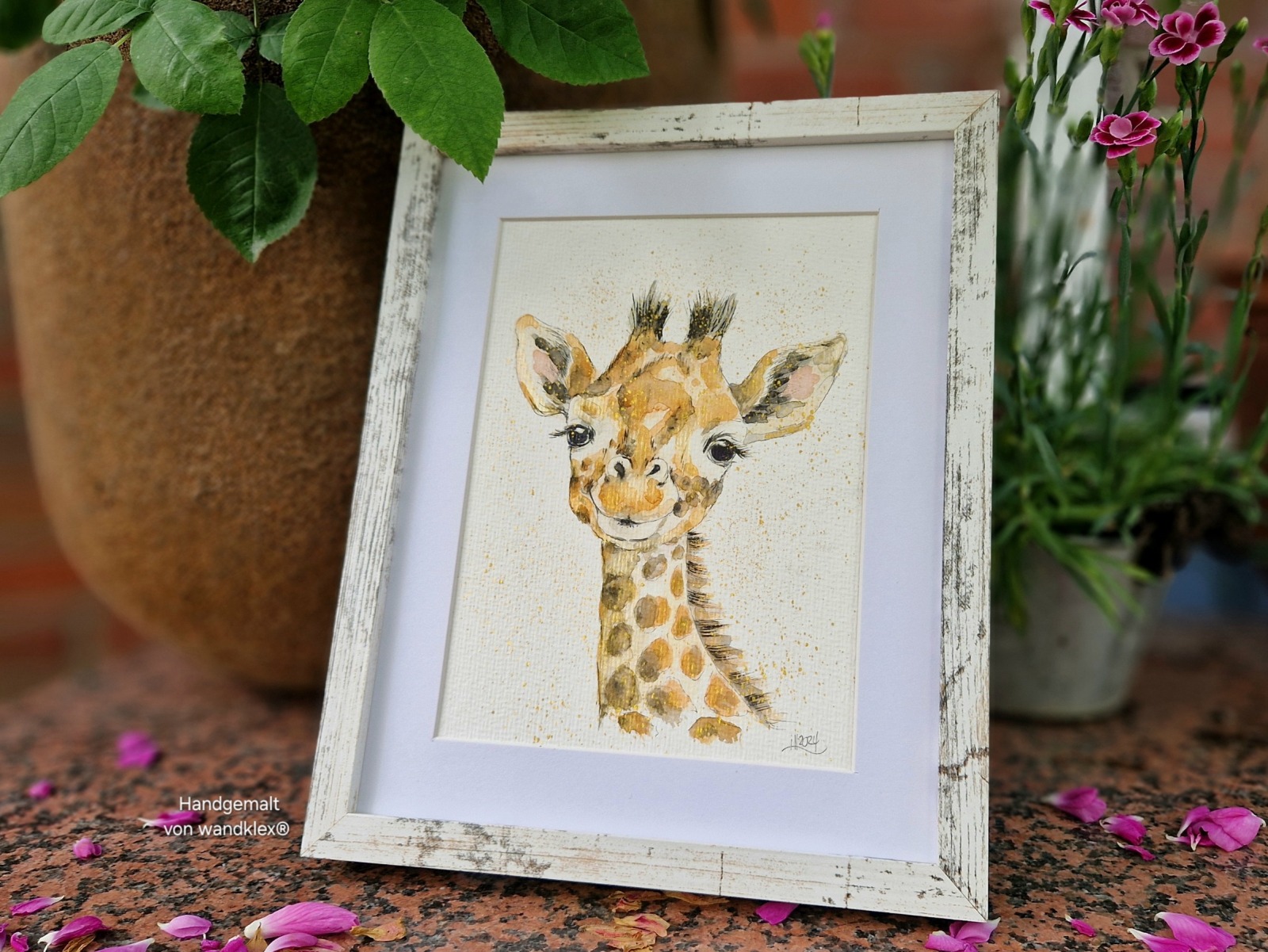 Junge Giraffe Emil, Illustration handgemalt, gerahmt