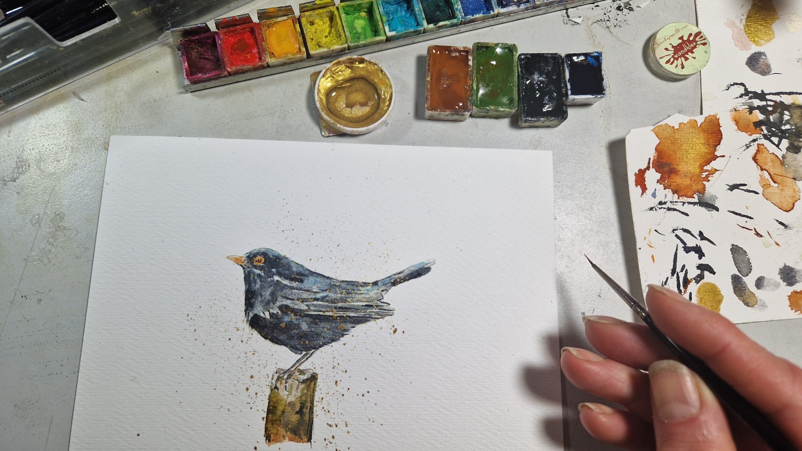 Amsel Illustration handgemalt, gerahmt in Minirahmen 5