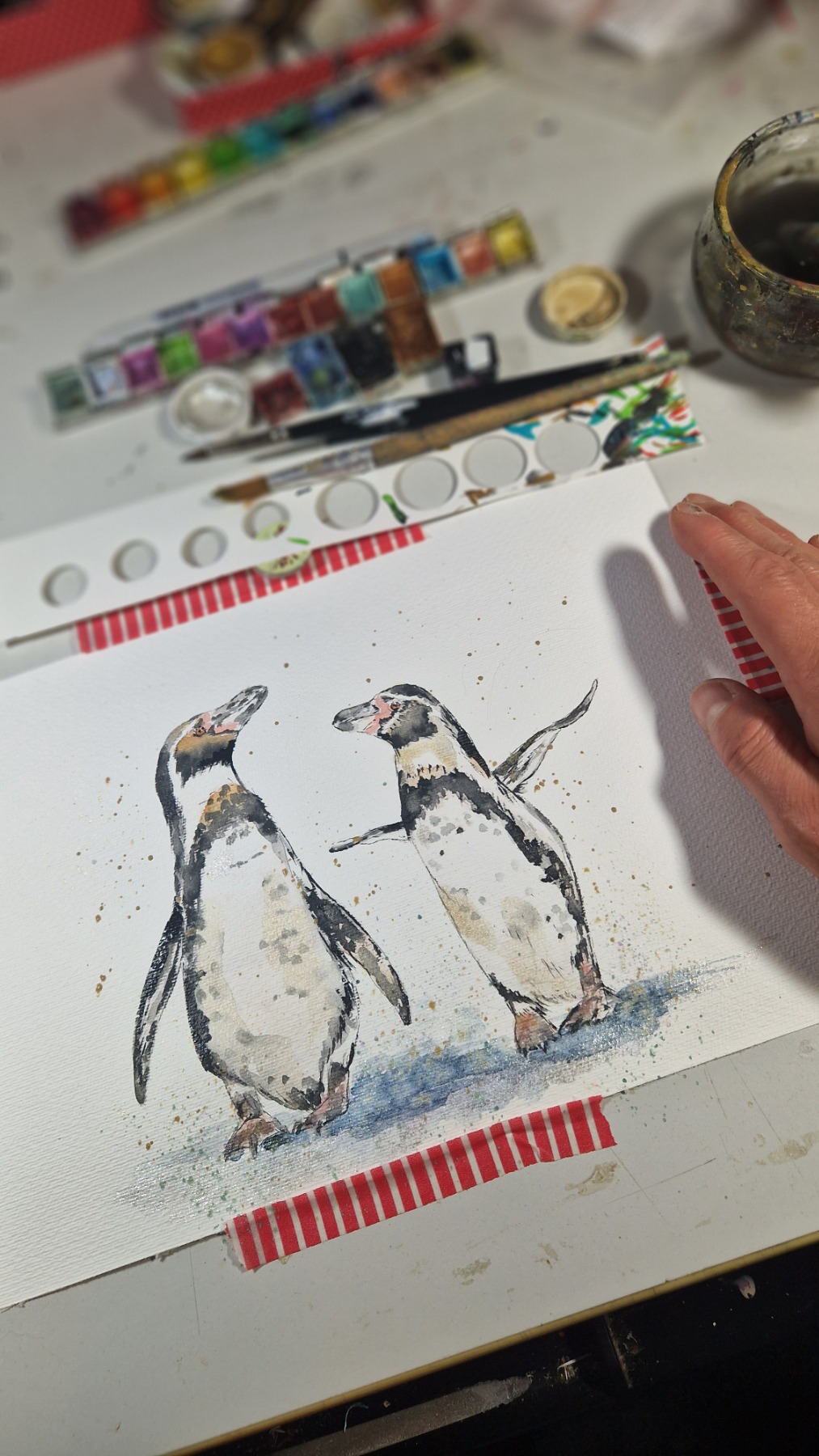 Humboldt Pinguine Aquarell gerahmtes handgemalte Original, Tierbild, Einzelstück, Rahmenfarbe