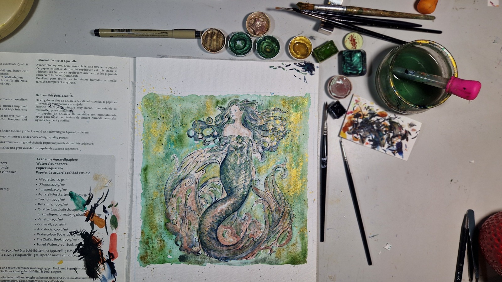 Mermaid Esmeralda Illustration, gerahmte aufwändige Originalarbeit, Aquarell 6