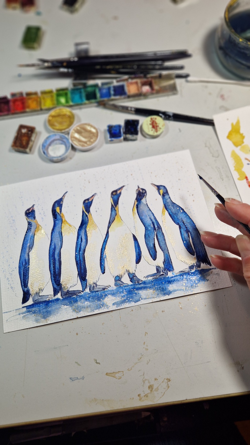 Pinguingruppe Konferenz Illustration handgemalt, gerahmt 4