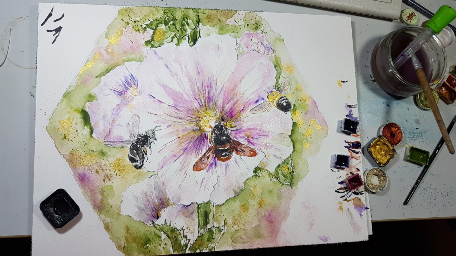 Wildbienen an Malve, Illustration, großes handgemaltes klexagonal gerahmtes Original 5
