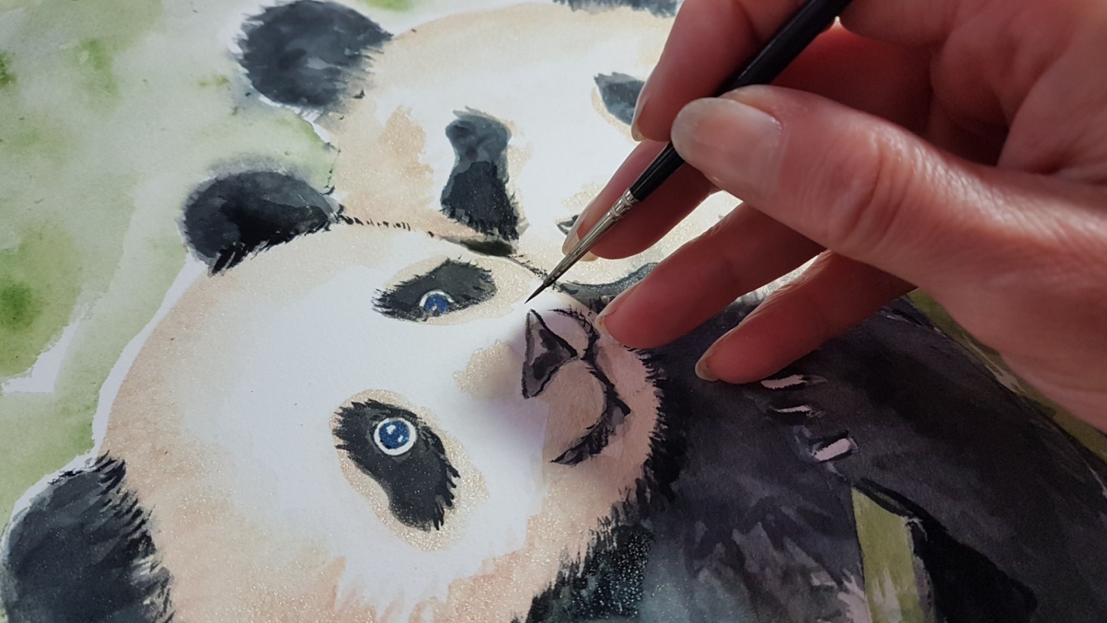 Panda Paar Eltern Kind, Illustration, großes handgemaltes gerahmtes Original 5
