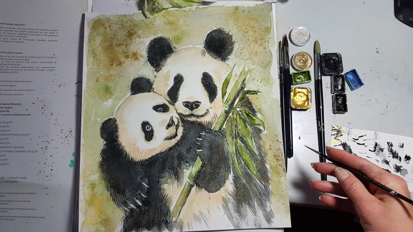 Panda Paar Eltern Kind Illustration großes handgemaltes gerahmtes Original 6