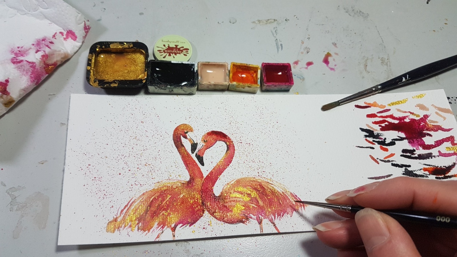 Flamingoliebe , Studie, Illustration handgemalt, gerahmt 3