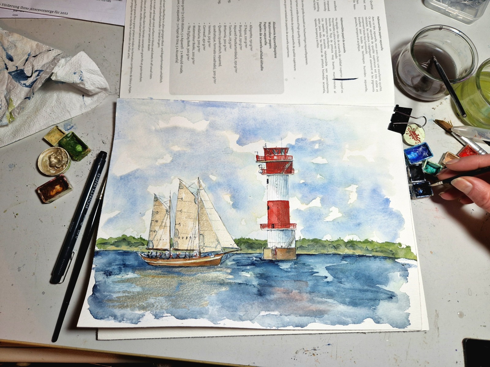Leuchtturm Kalkgrund Flensburger Förde mit Segelschiff Illustration gerahmte Originalarbeit Mixed