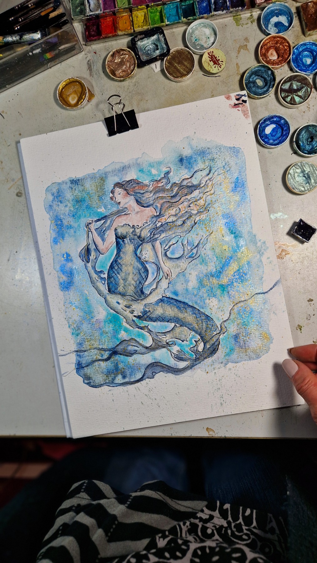Mermaid Hedwig Illustration, gerahmte aufwändige Originalarbeit, Aquarell 5