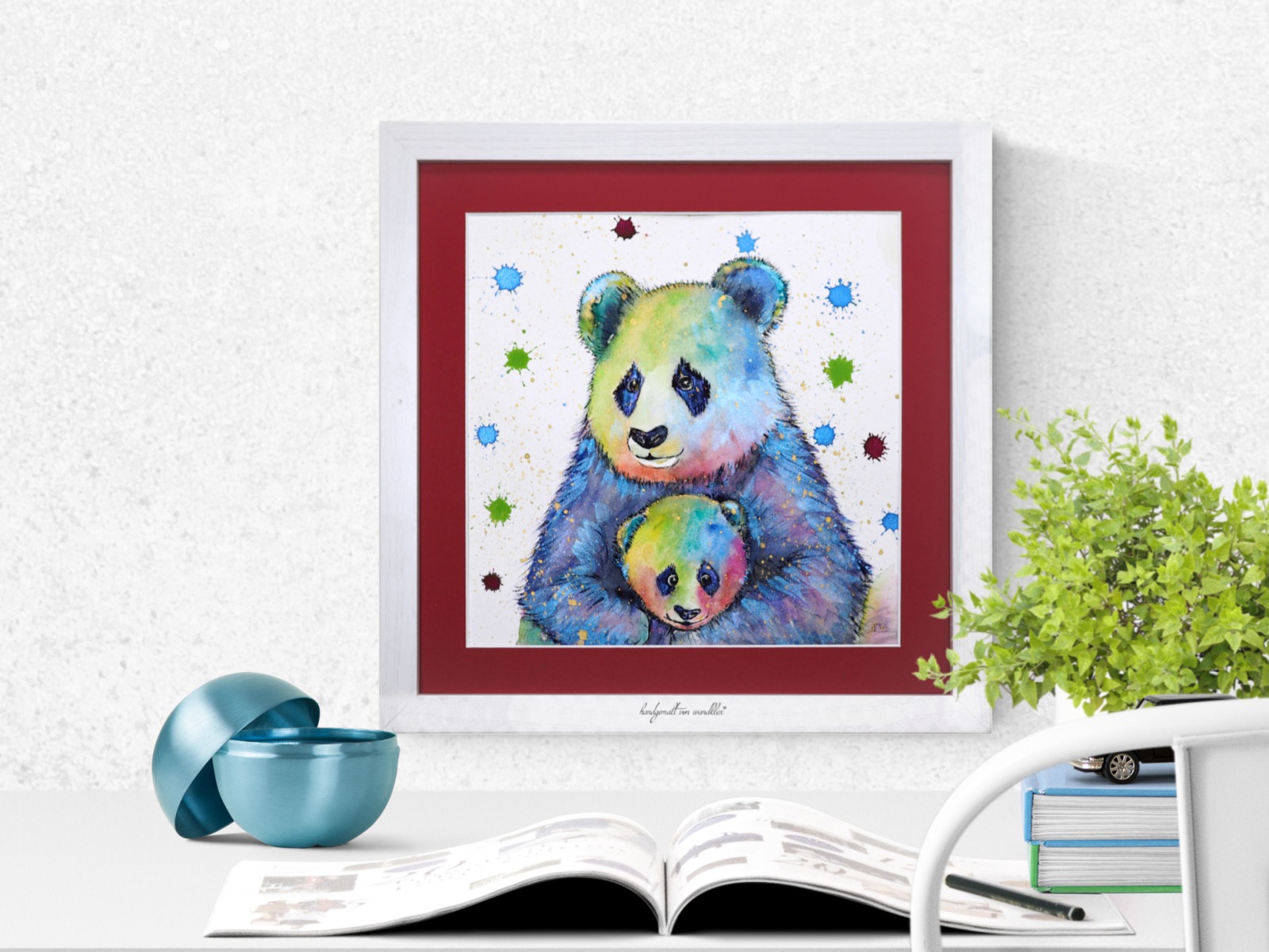 Buntfug-Pandafamilie Aquarell gerahmtes handgemalte Original, Tierbild, Einzelstück, Rahmenfarbe