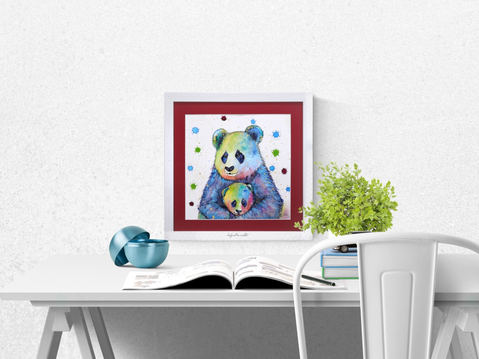 Buntfug-Pandafamilie Aquarell gerahmtes handgemalte Original, Tierbild, Einzelstück, Rahmenfarbe