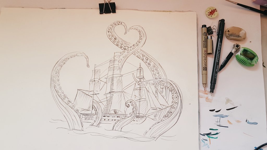 RESERVIERT The Embrace of the Monday - maritimes Seegetümmel mit Kraken Illustration großes handgemaltes gerahmtes Original 5