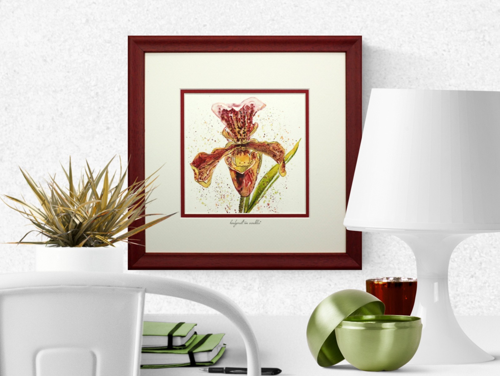 Frauenschuh Orchidee Illustration Aquarell edel gerahmtes handgemaltes Original, Blumenbild, Einzels