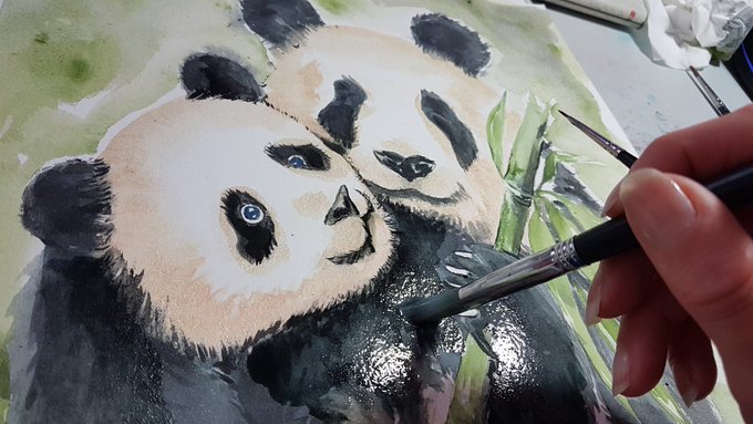 Panda Paar Eltern Kind Illustration großes handgemaltes gerahmtes Original 4