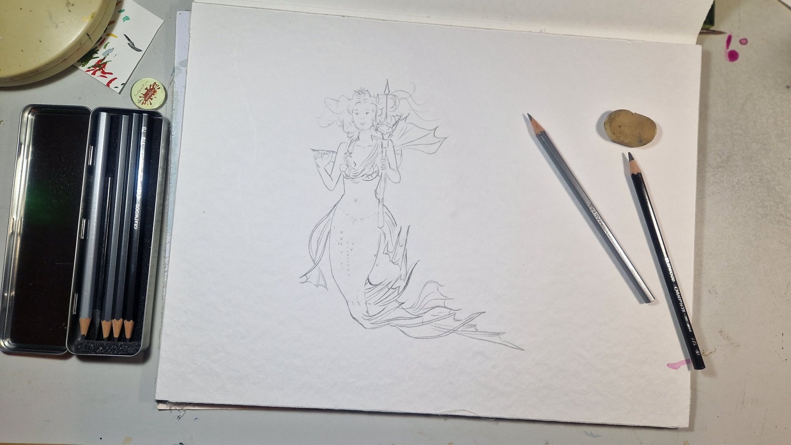 Mermaid Phoebe, Illustration, gerahmte aufwändige Originalarbeit, Mixed Media Aquarell, Fineliner 6