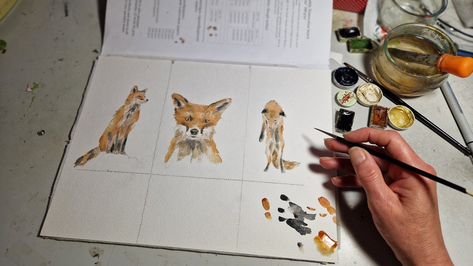 Fuchsstudien, Trio, 3 gemeinsam gerahmte Illustrationen handgemalt 2