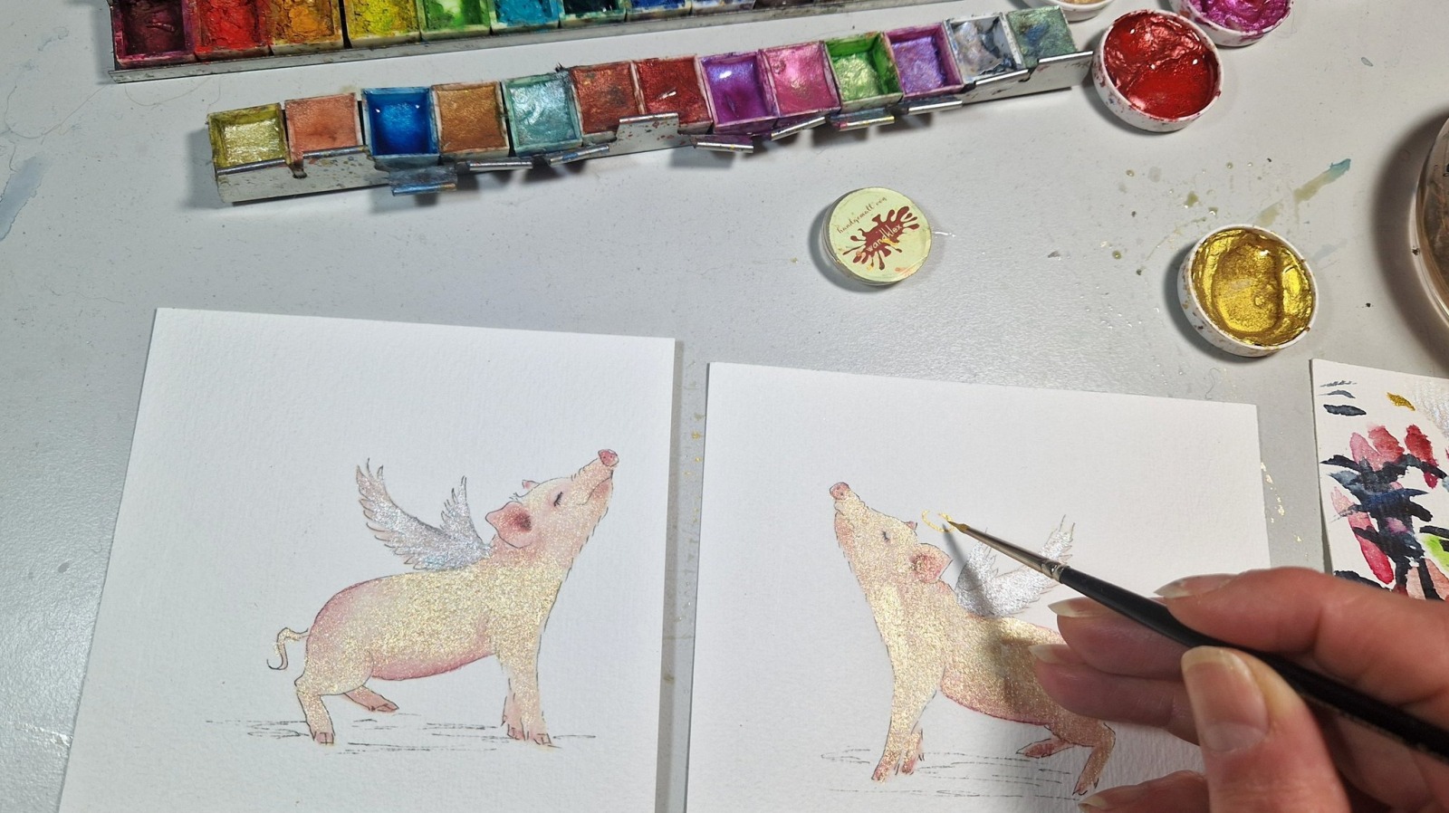 Flügelschwein kleine Illustration handgemalt, gerahmt, Glücksschwein, Flügelschweinchen,