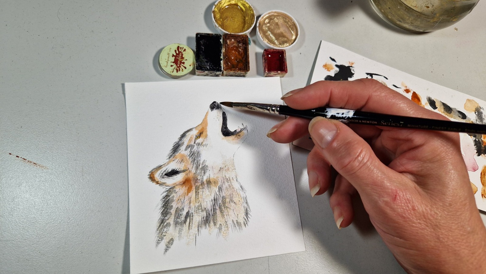 Wolfsgeheul, Illustration handgemalt, gerahmt in Minirahmen, Rahmenfarbe wählbar schwarz oder